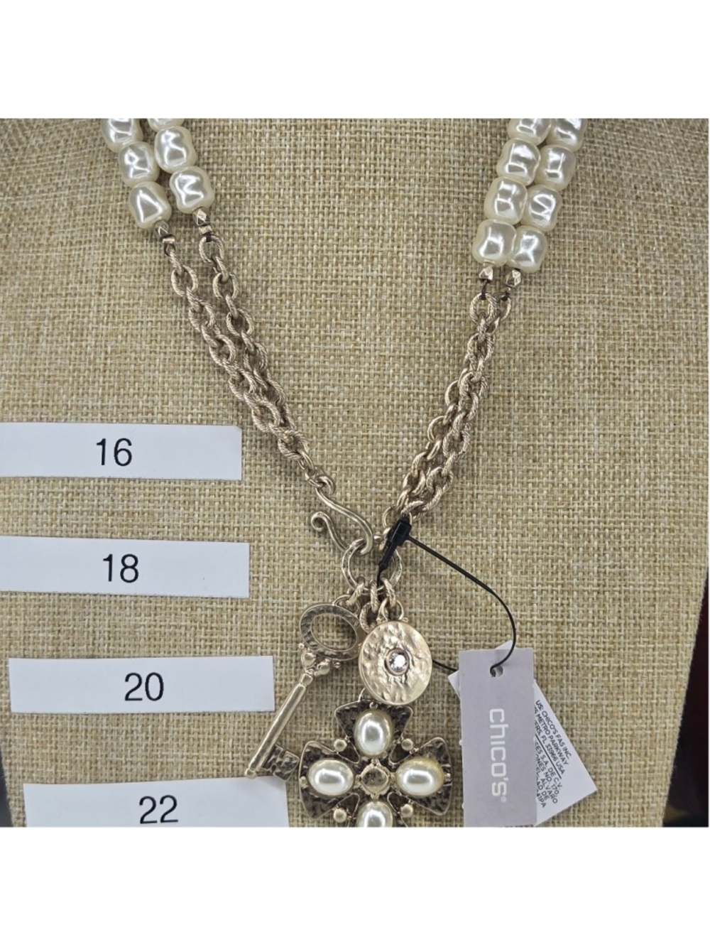 NWT Chico's Necklace Faux Pearl Double Strand White Goldtone Medallion Key Charm - Picture 3 of 13